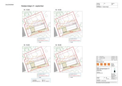 Situasjonsplan (soldiagram) som viser bygningens plassering i forhold til solposisjon på ulike tidspunkt.