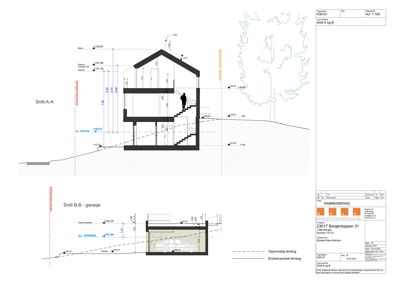 Bildet viser to snittegninger (Snitt A-A og Snitt B-B) av en bygning, som illustrerer innvendig høyde, trapp og etasjer.