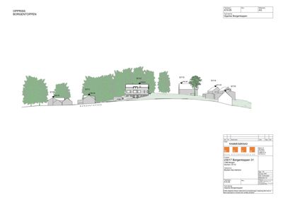 Oppriss av bygningene i Borgentoppen sett fra siden, med høydemålinger og terrengform.