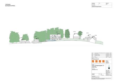 Oppriss av bygningen Borgentoppen sett fra en vinkel, med visuell fremstilling av fasader og omgivende terreng.