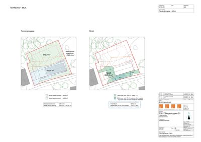 Situasjonsplan som viser tomtens grenser, arealoppdelinger (Terreng + MUA), og bygningens plassering med tilhørende teknisk informasjon.