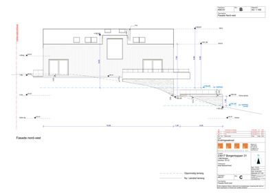 Fasadetegning som viser bygningens utseende sett fra nordvest, med mål og høydeangivelser.