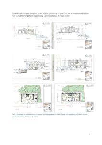 Bildet viser en samling tegninger fra en byggesak, inkludert fasadetegninger og etasjeplaner (etg. 1 og 2).