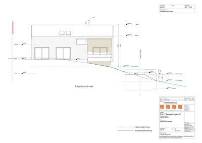 Fasadetegning av bygning sett fra nord-vest med høydeangivelser og terrenglinjer