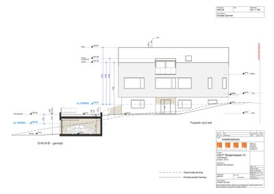 Snittegning (Snitt B-B) som viser fasade, høyder og garasje.