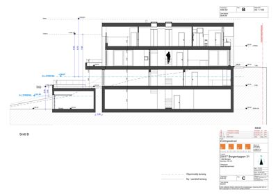 Snittegning (Snitt B) som viser bygningens tverrsnitt, høyder og romfordeling.