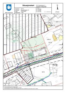 Situasjonskart som viser eiendomsinndeling, tomtegrenser og bygningens plassering i forhold til nabolag.