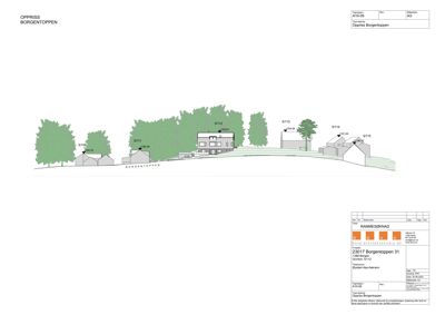 Oppriss (fasetegning) av bygningen sett fra siden, som viser høydeforskjeller og terrengform.