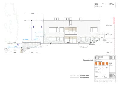 Fasadetegning som viser bygningens utseende sett fra syd-øst, med høydeangivelser og detaljer om materialer.
