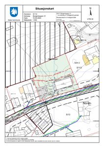 Situasjonskart som viser eiendomsgranser, topografi og bygningsplassering for Borgentoppen 31.