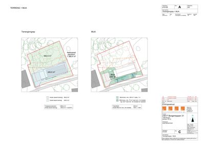 Situasjonsplan som viser to eiendommer (Terrenggrenep og MUA) med arealoppdelinger og bygningstilhørighet.