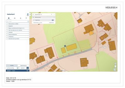 Bildet viser et digitalt kart (Askerkart) med eiendomsgrenser, veg, og topografi. Det er merket som 'VEDLEGG 4' og inneholder informasjon om eiendom 5/112.