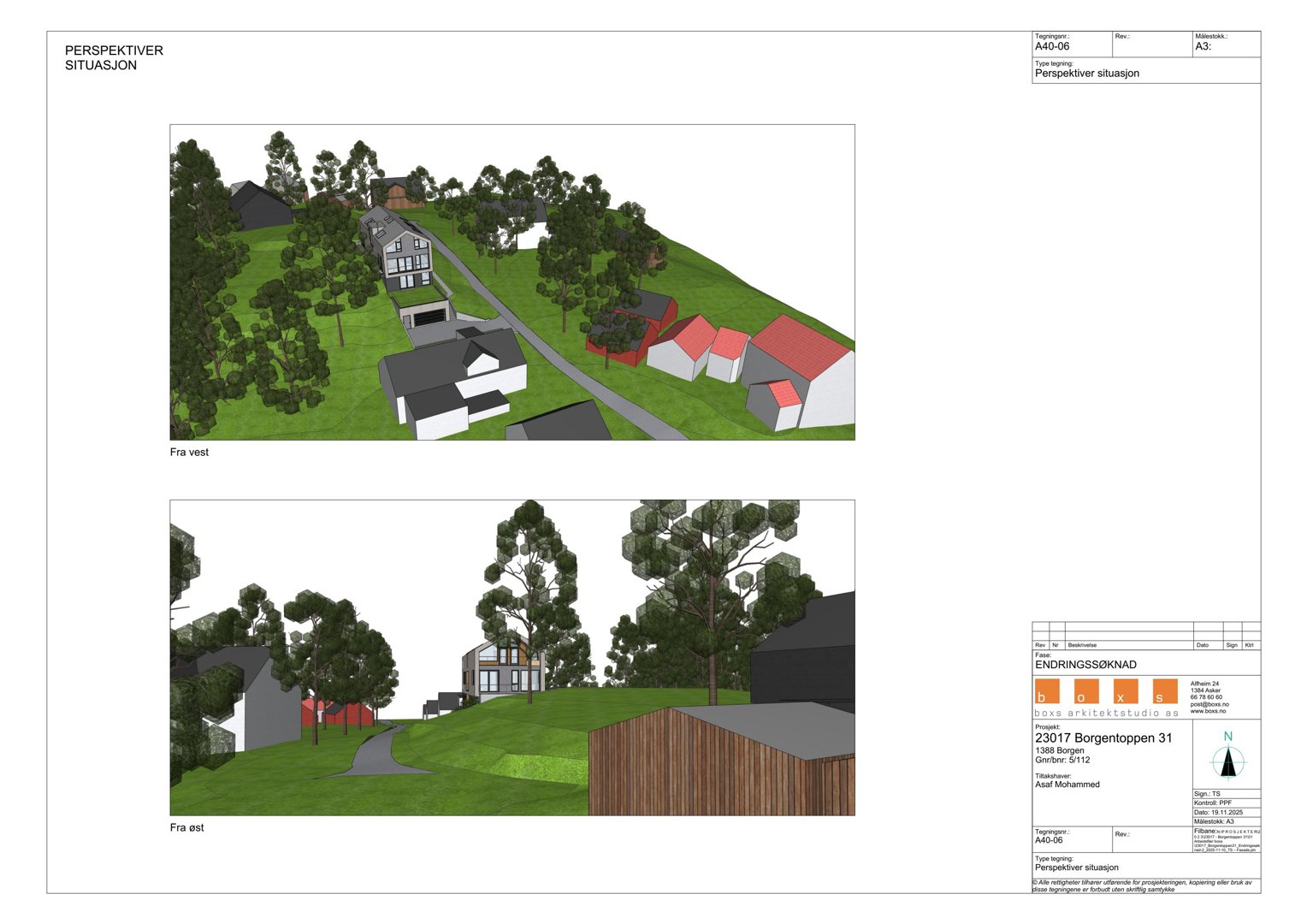 Perspektivtegning (rendering) av en bygning og omgivelsene sett fra vest og øst.