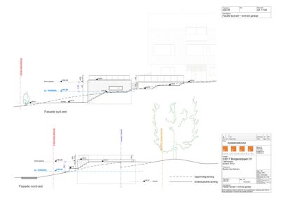 Fasadetegning som viser bygningens utseende og høydeforskjeller sett fra syd-øst og nord-øst.