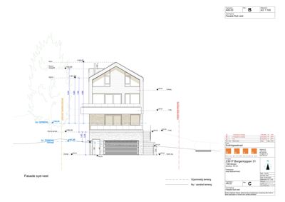 Fasadetegning som viser opprisset av bygningens syd-vest side med høydeangivelser.