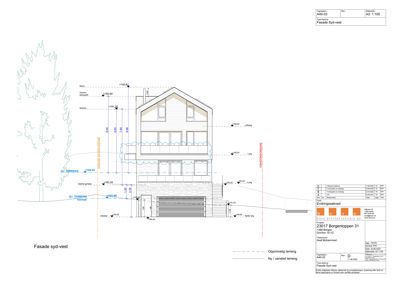 Fasadetegning av en bygning sett fra syd-vest, med mål og detaljer.