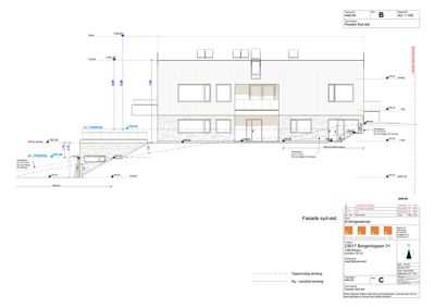 Fasadetegning av bygning sett fra syd-øst med høydeangivelser og detaljer.