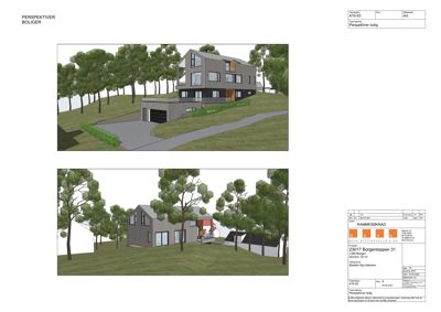 Bildet viser to 3D-visualiseringer (renderinger) av et planlagt boligprosjekt sett fra ulike vinkler.