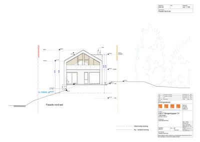 Fasadetegning av bygning sett fra nord-øst med mål og høydeangivelser
