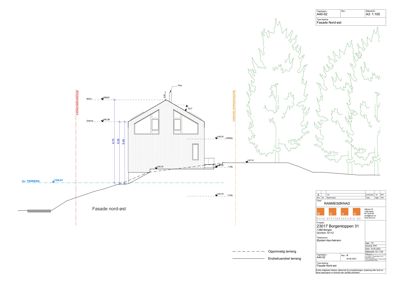 Fasadetegning av en bygning sett fra nord-øst, med høydeangivelser og terrenglinjer.