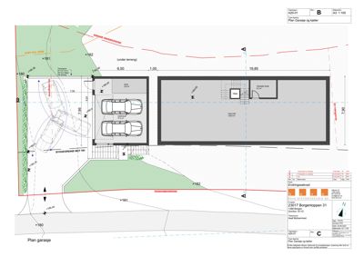Etasjeplan for garasje og kjeller med romfordeling og mål.