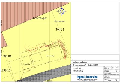 Situasjonsplan som viser tomtsgrenser, nabogranser (Gravhauger), og plassering av en ny enebolig og garasje.