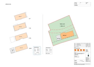 Situasjonsplan (arealplan) som viser bygningens plassering på tomten, nettotomt, og arealoppdeling per etasje.