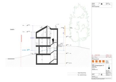 Snittegning (Snitt A) som viser tverrsnittet av en bygning med høydeangivelser og terrengforhold.