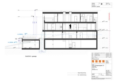 Snittegning (Snitt B-B) som viser bygningens tverrsnitt, etasjer og høyder.