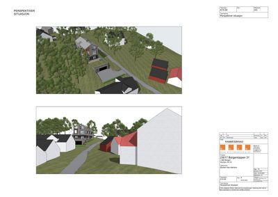 To 3D-visualiseringer (perspektivtegninger) av en bygning i sitt landskapssammenheng.