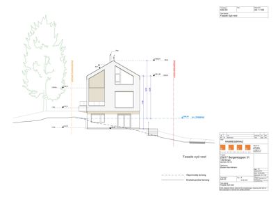 Fasade tegning (syd-vest) med høydeangivelser og terrenglinjer