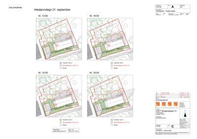 Situasjonsplan (soliagram) som viser bygningens plassering på tomten ved ulike tidspunkter (kl. 13:00 - 16:00) for å illustrere skyggefall.
