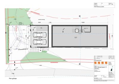 Etasjeplan for garasje og kjeller med romfordeling, mål og høydeangivelser.