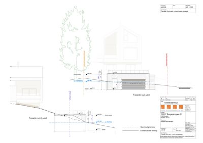 Fasadetegning som viser bygningens utseende sett fra syd-vest og nord-vest, med mål og terrengforhold.