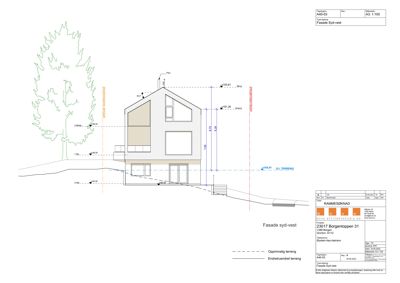 Fasadetegning av bygning sett fra syd-vest med høydeangivelser og terrenglinjer