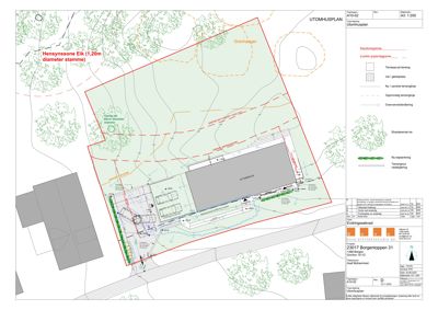 Situasjonsplan (utomhusplan) som viser bygningens plassering på tomten i forhold til omgivelser, vegger og eksisterende tre.