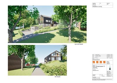 3D-visualisering av en planlagt bolig med omgivelser, inkludert to fasadevinkler.