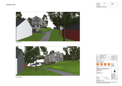 3D-visualisering (perspektivtegning) av et planlagt hus med omgivelsene.