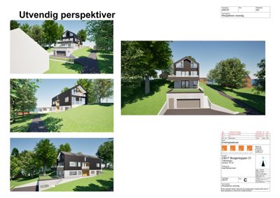 Bildet viser 3D-visualiseringer (renderinger) av en planlagt bolig fra ulike vinkler.