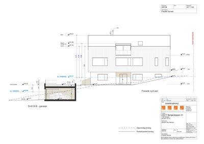 Snittegning (Snitt B-B) som viser bygningens tverrsnitt, høyder og terrengforhold.