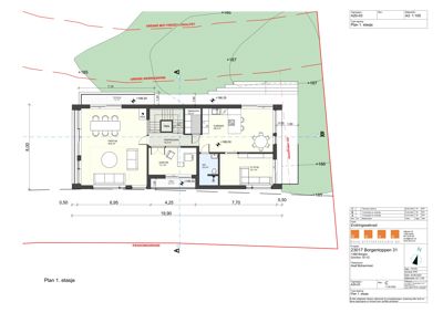 Etasjeplan (Plan 1. etasje) som viser romfordeling, mål og grenser for en bolig.