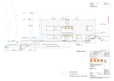 Fasadetegning som viser bygningens utseende sett fra syd-øst, inkludert høydemål og terrengforhold.