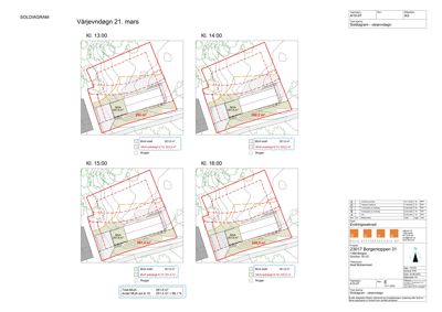 Situasjonsplan (soldiagram) som viser bygningens plassering i forhold til solens høyde og retning på ulike tidspunkter.
