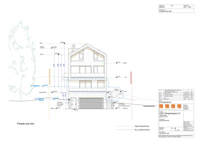 Fasadetegning som viser opprisset av bygningens yttervegg med mål og detaljer.
