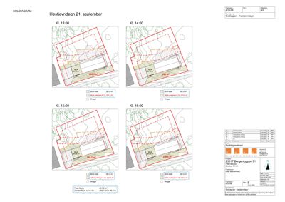 Situasjonsplan (soldiagram) som viser bygningens plassering i forhold til solposisjon på ulike tidspunkt.