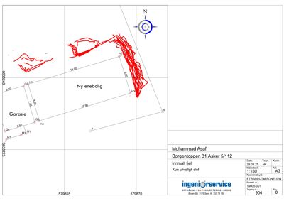 Situasjonsplan som viser tomtens form, grenser, og plassering av en garasje og en ny enebolig med målinger.