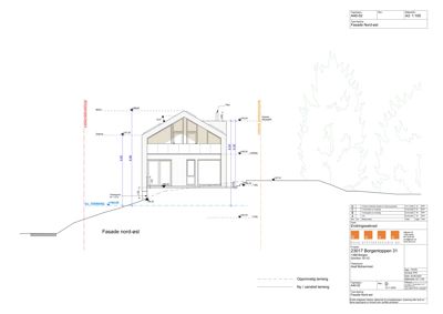 Fasadetegning av bygning sett fra nord-øst med mål og detaljer