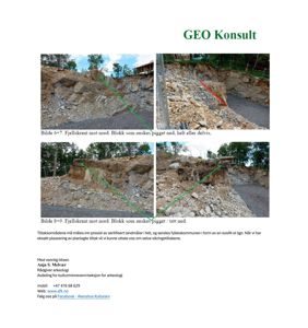 Fotografier av fjellskrent med merknader om blokk som ønskes pigget ned, inkludert tekster og kontaktinfo.