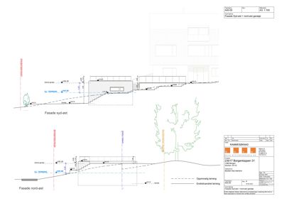 Fasadetegning som viser opprisset av bygningens utside sett fra syd-øst og nord-øst, inkludert trapper og terrengforhold.