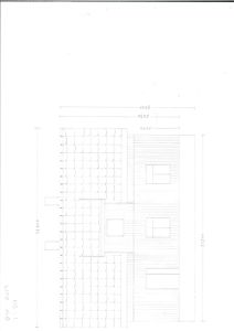 Fasadetegning som viser bygningens utside med vinduer, takform og mål.